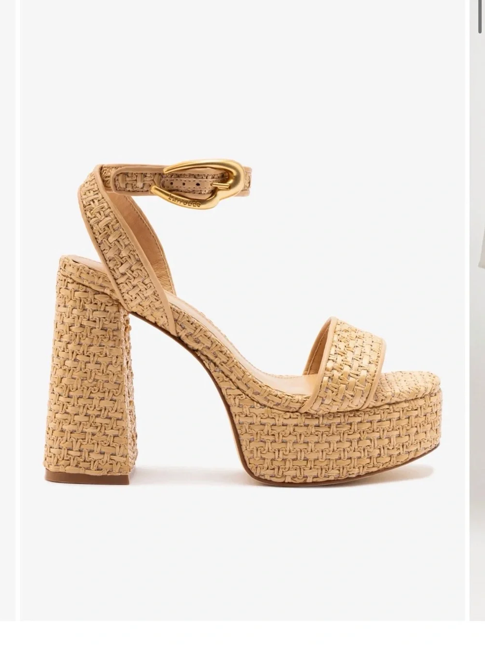 Larroude Natural Woven Platform Block Heel Sandals with Gold Buckle